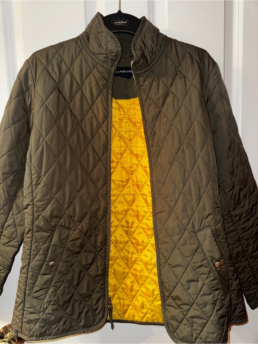Lands' End Quilted Olive Puffer Jacket with Yellow Lining